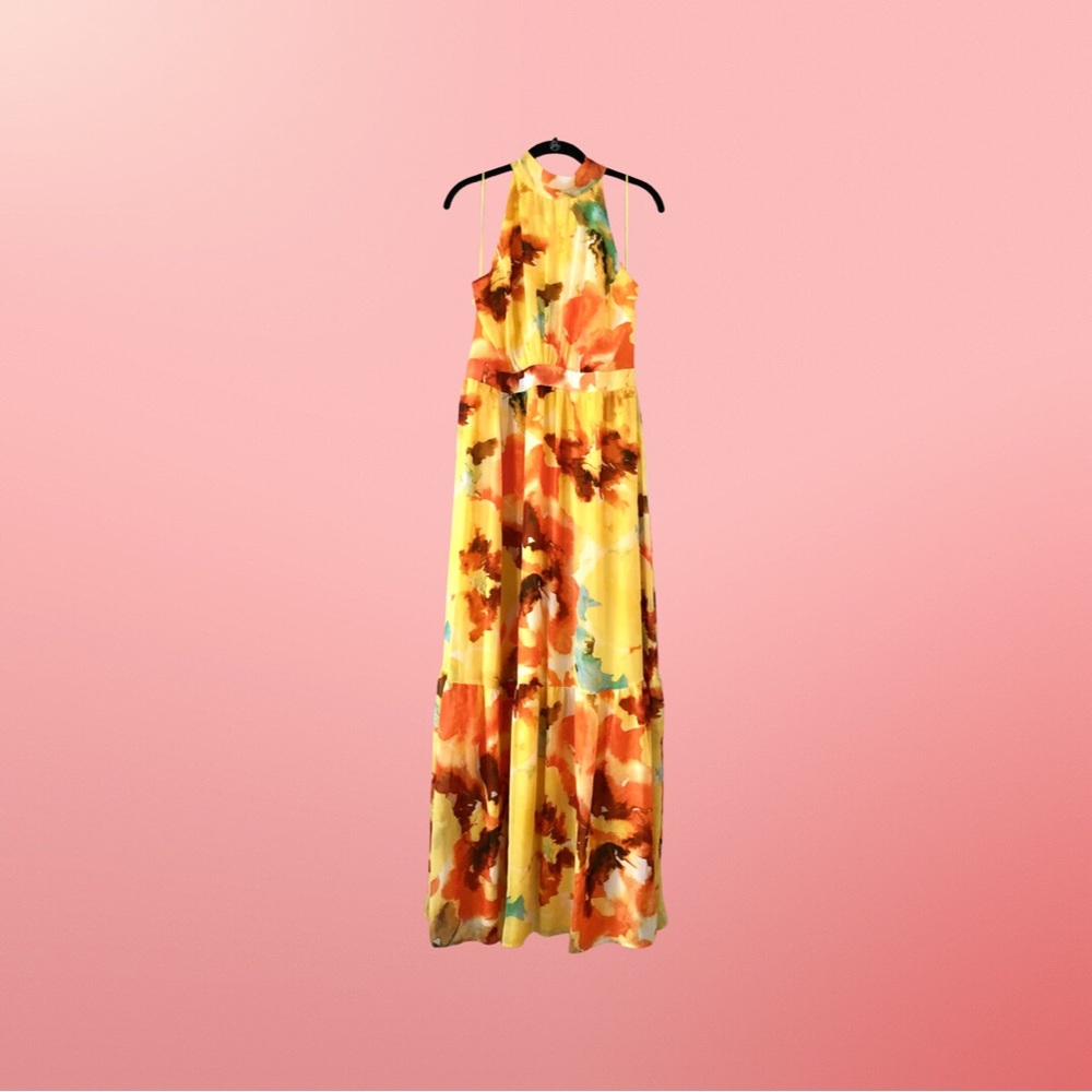 🆕 TAHARI by ASL Printed Floral Tie Neck Maxi Dress in Yellow